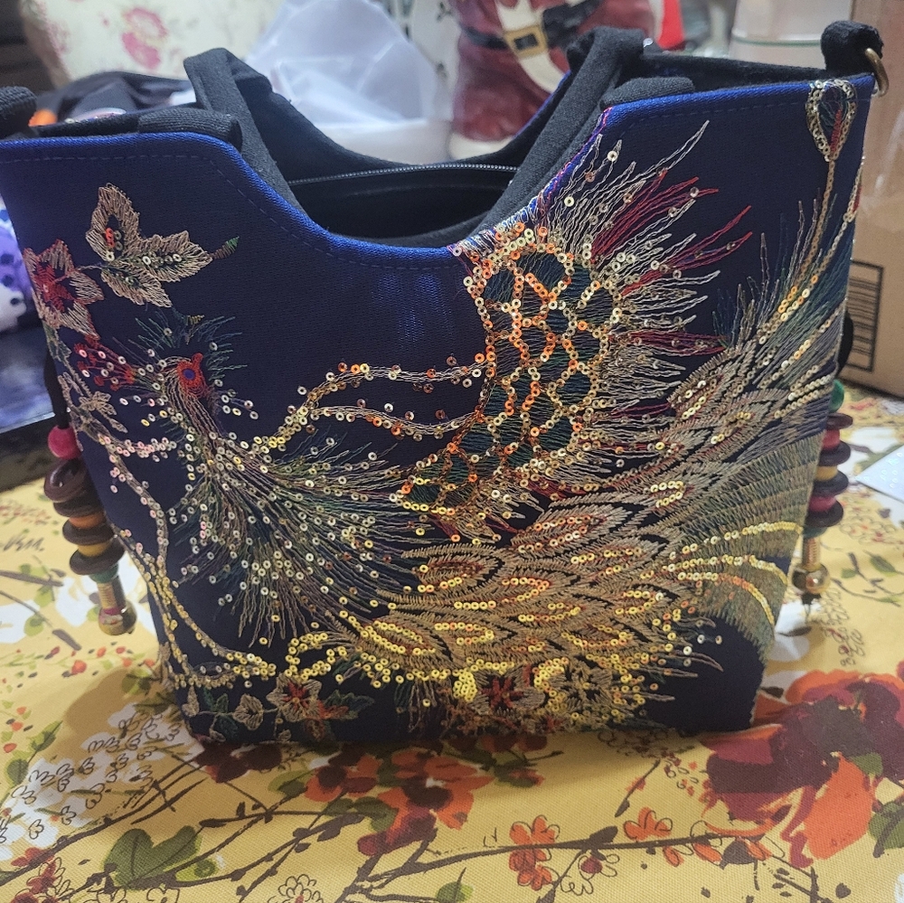 Vintage Embroidered Peacock Design Handbag